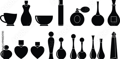 Elegant collection of black silhouette perfume bottles, cosmetic containers, and decorative flasks for beauty, 