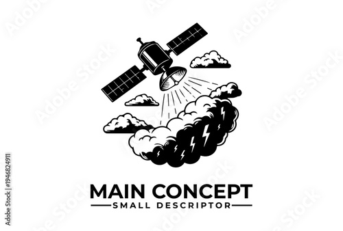 Satellite observing clouds and storm patterns is presented as black vector silhouette sketch engraving logo illustration on white background for World Meteorological Day climate observation concept