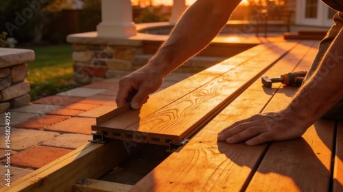 Skilled hands carefully installing robust wooden deck planks, bathed in the warm glow of evening light, to create a beautiful outdoor living area