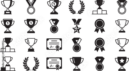 Award trophy and medal icons set, winner prize cup certificate achievement reward vector collection