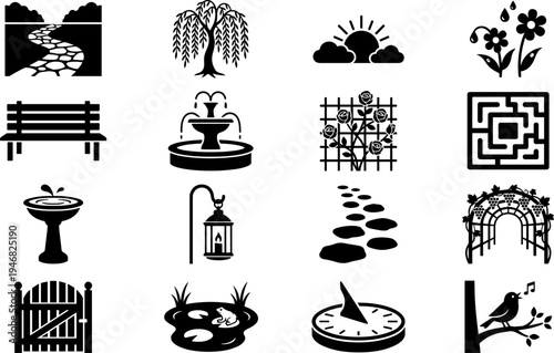 Collection of garden and park elements in black and white silhouette icons.