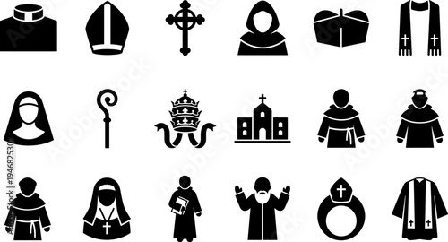 Collection of religious symbols and figures in black and white.