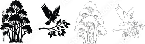 Black and white illustration of trees and a bird in flight
