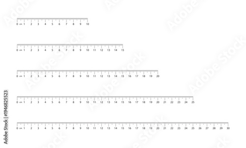 Set of metric rulers measuring 10, 15, 20, 25, and 30 centimeters, isolated on a transparent background. Vector