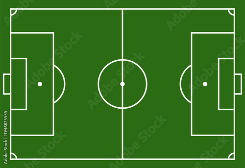 Aerial view of a professional grass soccer field, perspective from above of the soccer field markings, standard design of an outdoor sports stadium