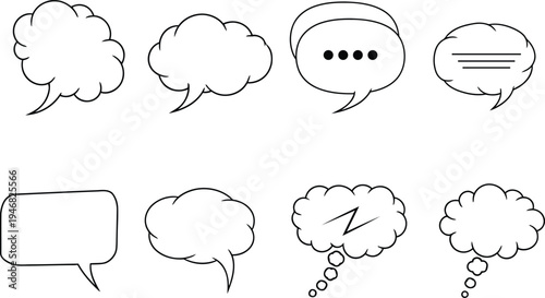 A set of nine hand-drawn speech bubbles in various shapes and styles