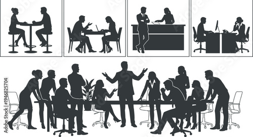 Business office meeting silhouettes collection, corporate teamwork discussion brainstorming presentation communication collaboration professional workplace people