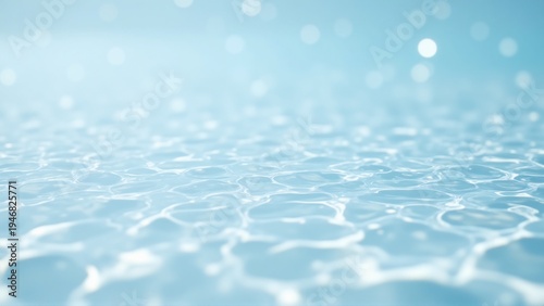Serene light blue water surface with gentle ripples and shimmering bokeh, creating a peaceful and refreshing aquatic background texture