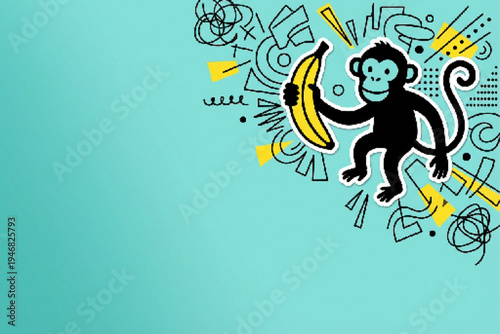 Playful black monkey holding a yellow banana with abstract doodle elements on a vibrant turquoise background, perfect for fun marketing, kids' designs, or lively social media content.