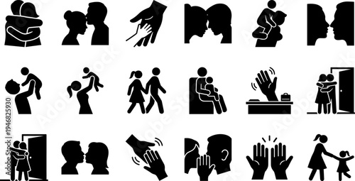 Collection of black and white icons depicting various forms of human interaction and relationships.