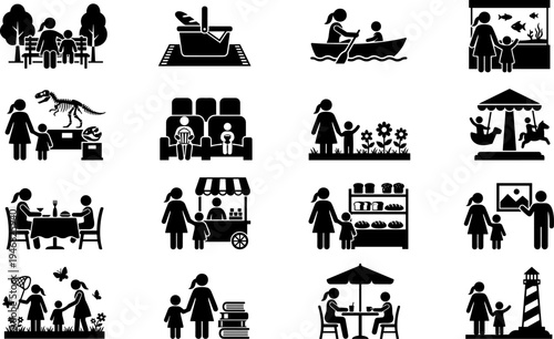 Collection of black and white icons depicting various family activities and leisure pursuits.