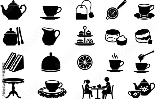 Collection of Tea Time Icons Featuring Teapots Cups Desserts and Tea Accessories.