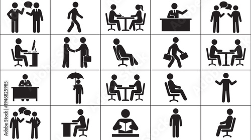 Business people silhouettes set, office meeting communication teamwork professional corporate workplace vector icons
