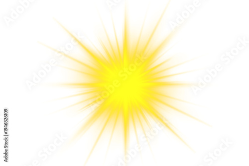 Neon yellow flare shines with bright star spark and radiant halo glow. Transparent background allows easy integration in graphics. Modern luminous effect.