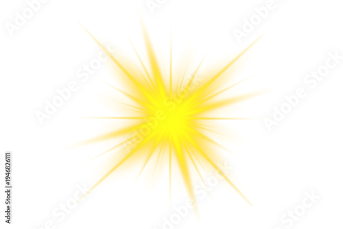 Radiant yellow star flare shines with glowing lens reflections. Spark particles drift gently across the transparent background. Bright energy glow forms a vivid sparkle effect.