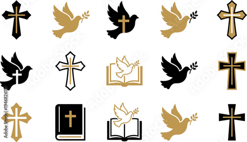 Collection of Christian religious symbols including crosses, doves, and open Bibles.