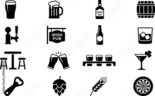 Collection of black and white icons representing various alcoholic beverages and pub culture elements.