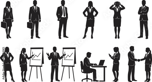 Business people silhouettes set, professional office workers presenting meeting handshake laptop corporate teamwork icons