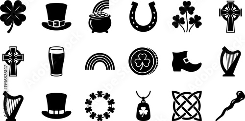 St Patricks Day Irish Holiday Celebration Icons Set.