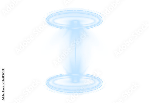 Glowing holographic circle portal floats above a futuristic tech platform. Bright neon beams form a digital sci fi gate. Cyber interface lines pulse with blue and red light.