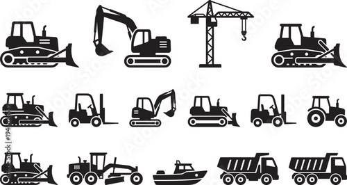 Construction machinery silhouettes collection, excavator bulldozer crane forklift tractor dump truck industrial vehicles vector set