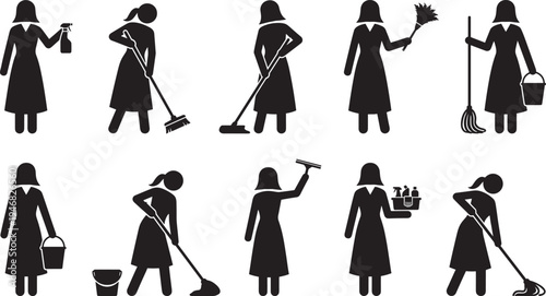 Cleaning service worker silhouettes set, maid janitor housekeeping staff mopping sweeping disinfecting tools vector illustration