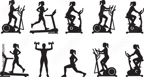 Female fitness workout silhouettes set, showing treadmill running cycling elliptical training dumbbell exercise healthy lifestyle collection
