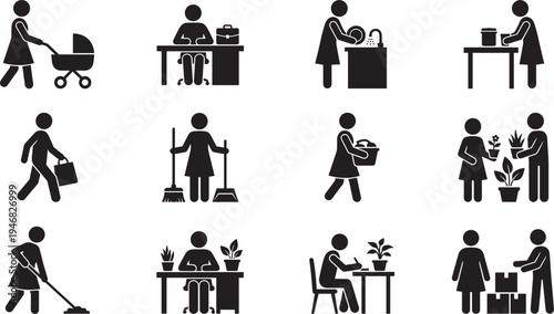Daily life people silhouettes set, household activities icons cleaning working parenting gardening lifestyle vector