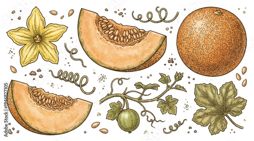 A still life illustration of melons, seeds, and leaves on a table indoors.