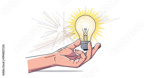 Hand holding a bright, glowing light bulb, representing a new idea or inspiration, emitting rays of light on a white background.