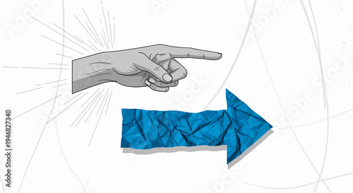 Hand pointing decisively towards a crumpled blue arrow indicating direction or guidance on an abstract white background.