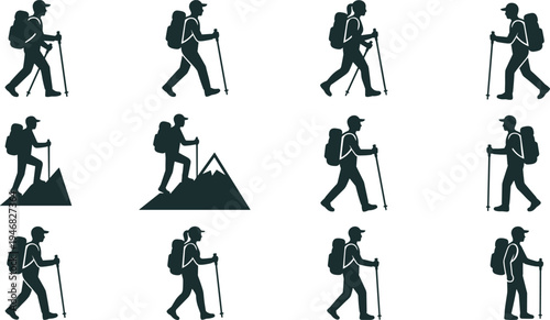 Hiker backpacker silhouettes set, trekking traveler walking with poles mountain hiking adventure outdoor vector