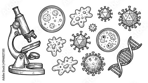 A microscope displays various viruses and a DNA double helix on a lab table.