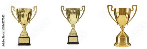 Bilde på lerret Set of three gold trophy cups on a white background