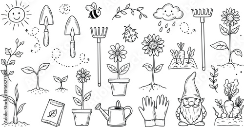 A collection of whimsical plant and garden illustrations