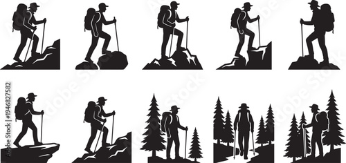 Hiking backpacker silhouette set, mountain trekking adventure traveler climbing walking forest outdoor exploration vector