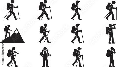 Hiking backpacker silhouettes set, trekking explorer walking with poles mountain adventure outdoor travel icons