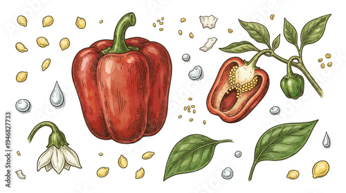 Fresh red bell pepper surrounded by seeds and leaves on a white surface