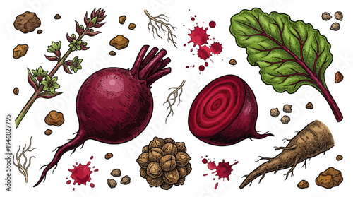 Fresh beetroot slices and leaves with soil and seasonings on a table