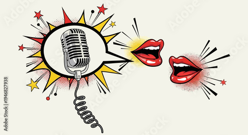 Vibrant illustration of a microphone and lips.