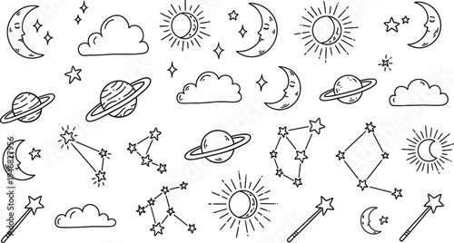 Astronomical symbols and celestial bodies illustration