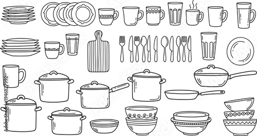 Silhouette of nautical and sea creatures isolated on transparent background