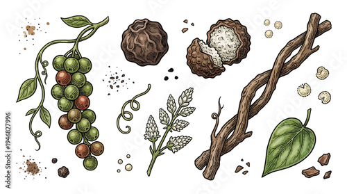 A detailed illustration of various coffee plants and beans on a white background with leaves and twigs.