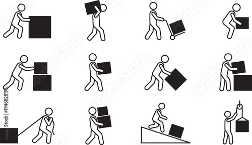 Material handling worker silhouettes set, logistics labor icons carrying lifting pushing boxes warehouse work