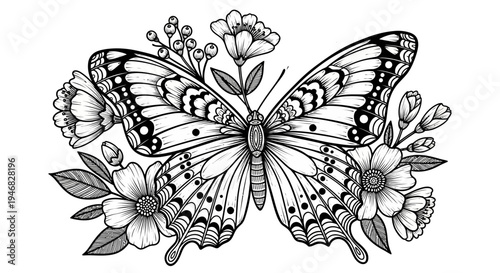 Intricate Butterfly and Flowers Line Drawing - Black and White Illustration
