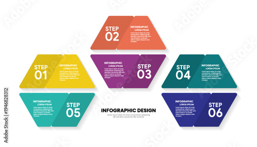 Modern hexagon-style infographic layout with 6 options and text placeholders.
