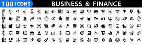 Business and Finance 100 icon set. Business people, human resources, office management, money, bank, contact, infographic and more. Editable stroke. Vector illustration