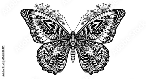 Intricate Black and White Butterfly Tattoo Design with Floral Elements