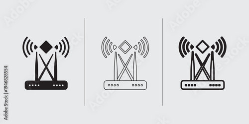 Wireless router icon collection crossed antenna signal broadcast vector set