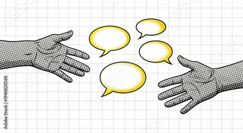 Illustration of two hands with speech bubbles.